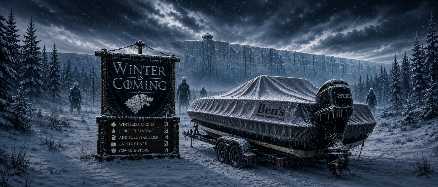 Covered boat on a trailer in winter with Ben's Marine branding, surrounded by a frozen Minnesota landscape