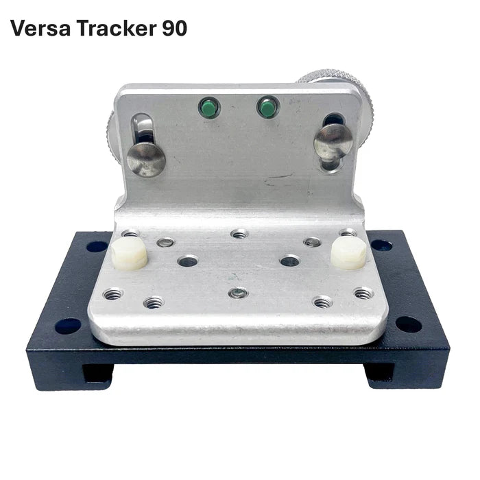 A metal tracking mount labeled 'Versa Tracker 90' on a plain white background. The product consists of a silver aluminum bracket mounted on a black rectangular base with white circular pads. Beatdown Sport Track Breakaway Transducer Pole