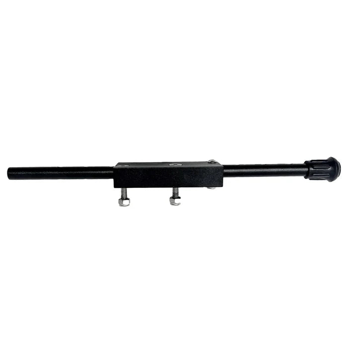 A black metal mounting bracket or clamp with a long horizontal rod, a rectangular central plate, two small adjustable thumbscrews, and a knurled adjustment knob on the right end, shown against a plain white background. Beatdown Kickstand for Flex Double Stack Mount
