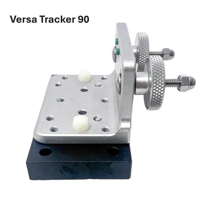 A Versa Tracker 90 mechanical component featuring a silver aluminum plate with two white plastic knobs, a knurled silver adjustment wheel, and a black mounting base, shown on a white background with text overlay 'Versa Tracker 90'. Beatdown Sport Track Breakaway Transducer Pole