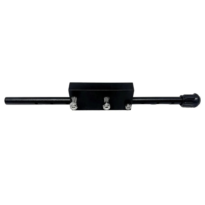 A black metal mounting bracket or bar with a rectangular central block, two silver adjustment screws, and a threaded end cap, shown on a plain white background. Beatdown Kickstand for Flex Double Stack Mount