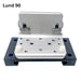 A metal mounting bracket assembly with a brushed silver aluminum plate, a black base plate, and small white plastic feet, shown on a plain white background with the text 'Lund 90' in the top left. Beatdown Sport Track Breakaway Transducer Pole