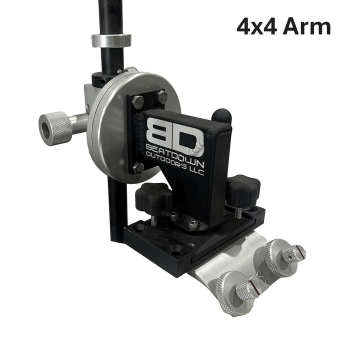 A 4x4 arm mounting bracket with silver metal adjustment knobs and a black central housing, featuring the 'Beatdown Outdoors LLC' logo. The text '4x4 Arm' is displayed in the top right corner on a solid white background. Beatdown Sport Track Breakaway Transducer Pole