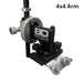A 4x4 arm mounting bracket with silver metal adjustment knobs and a black central housing, featuring the 'Beatdown Outdoors LLC' logo. The text '4x4 Arm' is displayed in the top right corner on a solid white background. Beatdown Sport Track Breakaway Transducer Pole