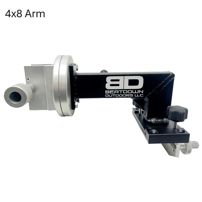 A 4x8 arm mounting bracket with a black anodized body, silver aluminum components, and white branding text reading 'BD BEATDOOWN OUTDOORS LLC' on a white background. Beatdown Sport Track Breakaway Transducer Pole
