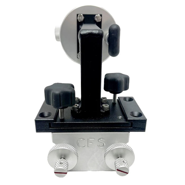 A silver and black metal mounting bracket or clamp with adjustment knobs, featuring the engraved letters 'CFS' on the front, shown against a plain white background. Beatdown Sport Track Breakaway Transducer Pole