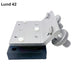 A metal mounting bracket assembly with a brushed silver aluminum plate, knurled silver adjustment knobs, small white rubber feet, and a black rectangular base, shown on a plain white background with the text 'Lund 42' in the top-left corner. Beatdown Sport Track Breakaway Transducer Pole