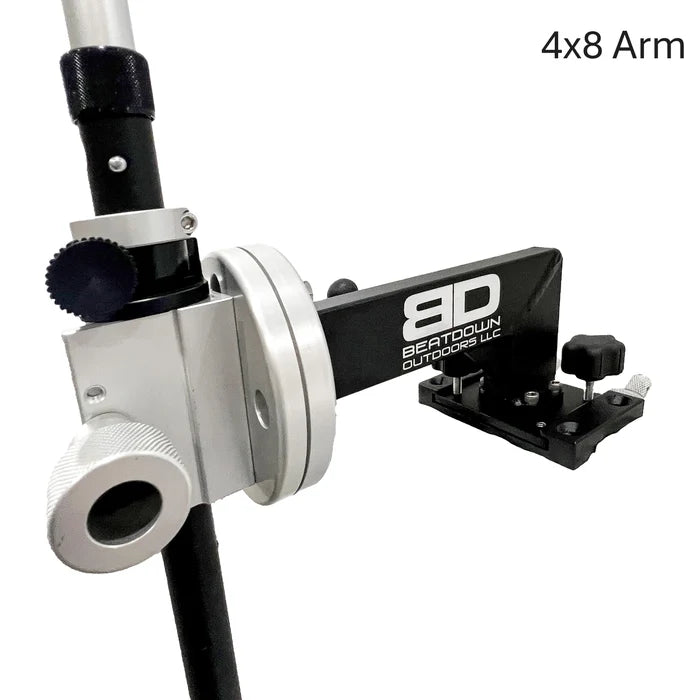 A 4x8 arm mounting bracket by Beatdown Outdoors LLC, featuring a black and silver aluminum design with a mounting plate and adjustment knobs, shown on a white background with text overlay '4x8 Arm'. Beatdown Sport Track Breakaway Transducer Pole
