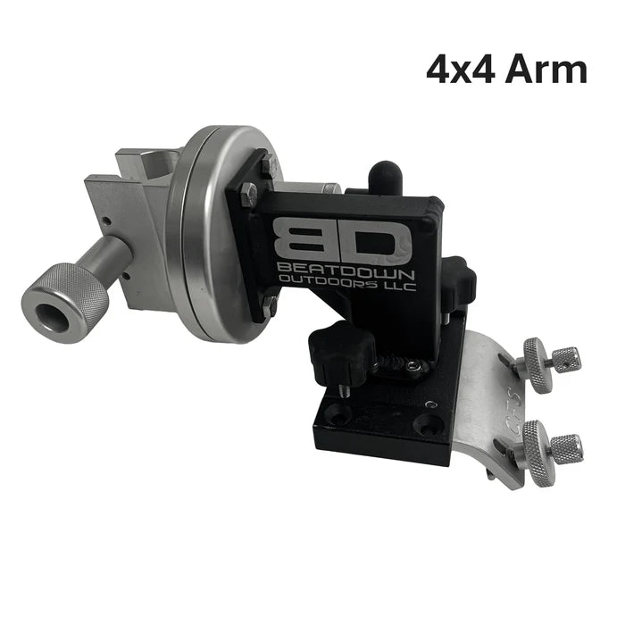 A 4x4 outdoor vehicle arm by Beatdown Outdoors LLC, featuring a silver metal mounting bracket and a black adjustment block with silver branding, shown on a white background with '4x4 Arm' text in the upper right. Beatdown Sport Track Breakaway Transducer Pole