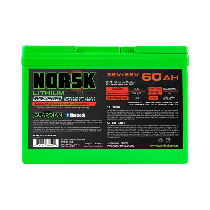 36V + 28V 60AH DUAL VOLTAGE HEATED LiFePO4 Lithium Battery
