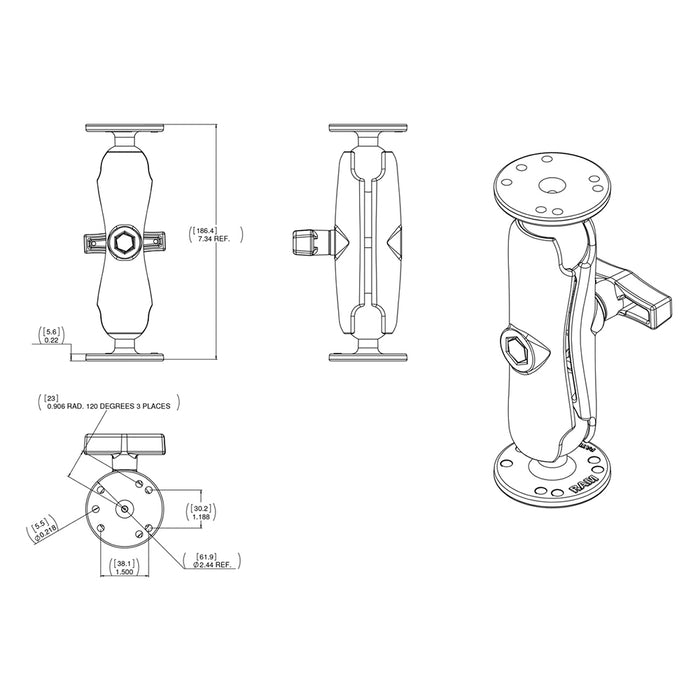 RAM Mount 1.5" Ball Double Socket Arm w/2 2.5" Round Bases - AMPs Pattern-Long