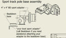 Technical assembly diagram for a sport track pole base adapter, showing line drawings of the adapter, beatdown base, and labeled dimensions on a beige background. Beatdown Sport Track Breakaway Transducer Pole