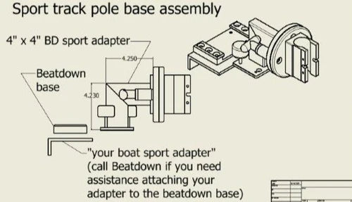 Technical assembly diagram for a sport track pole base adapter, showing line drawings of the adapter, beatdown base, and labeled dimensions on a beige background. Beatdown Sport Track Breakaway Transducer Pole