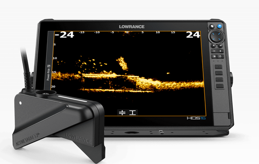 Lowrance ActiveTarget 2 XL Live Sonar System fishfinder with an attached black handheld controller, shown on a clean white background.