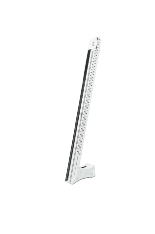 Power-Pole Blade shallow water anchor mounted on the transom, shown in vertical stow position with aerodynamic profile.