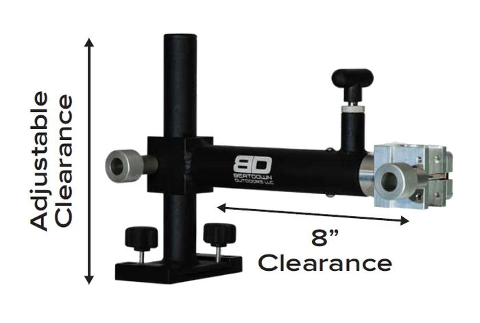 Beatdown Breakaway Jr. Transducer Pole: All Terrain adjustable clearance bracket with dimension arrows indicating 8 inch clearance and adjustable vertical clearance on a white background.