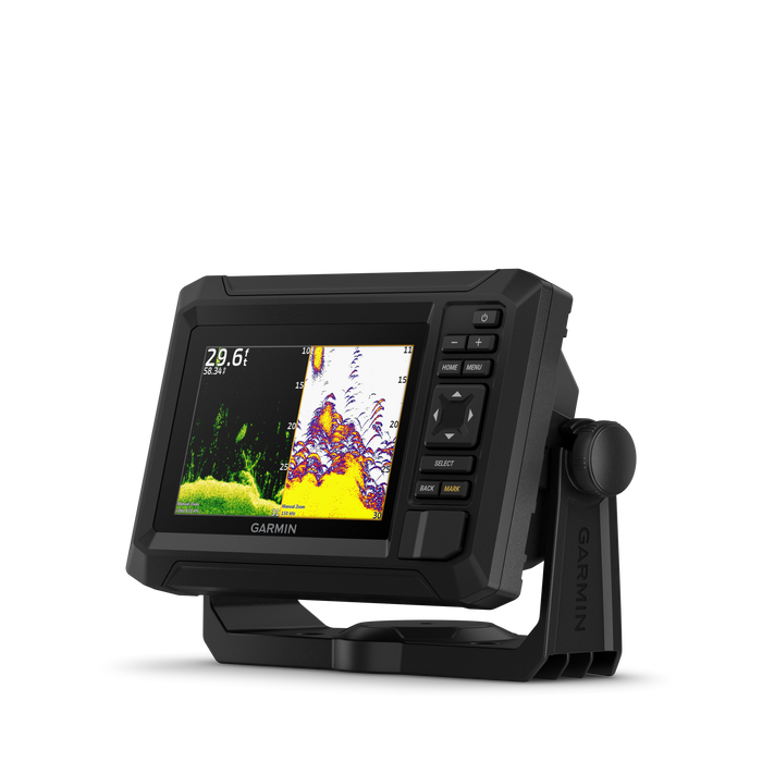 Garmin fishfinder display unit with a black housing and mount, featuring a color screen showing underwater sonar imagery, photographed on a clean white background. ECHOMAP™ UHD2 5" cv Chartplotters