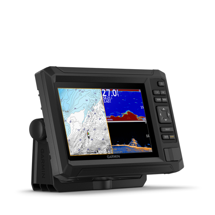 Garmin ECHOMAP UHD2 55cv with GT20-TM Transducer display unit with a black protective housing and a screen showing a nautical map and sonar reading 27.0 feet, photographed on a clean white background.