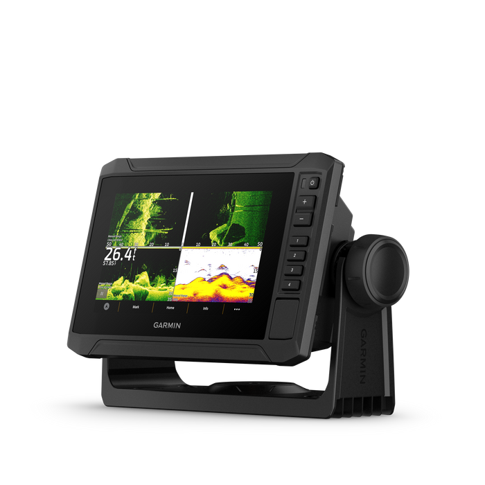 Garmin fishfinder display unit with a black housing, side buttons, and a mounted bracket, shown on a clean white background. The screen displays underwater sonar imagery. ECHOMAP UHD2 65sv 