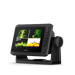 Garmin fishfinder display unit with a black housing, side buttons, and a mounted bracket, shown on a clean white background. The screen displays underwater sonar imagery. ECHOMAP UHD2 65sv 