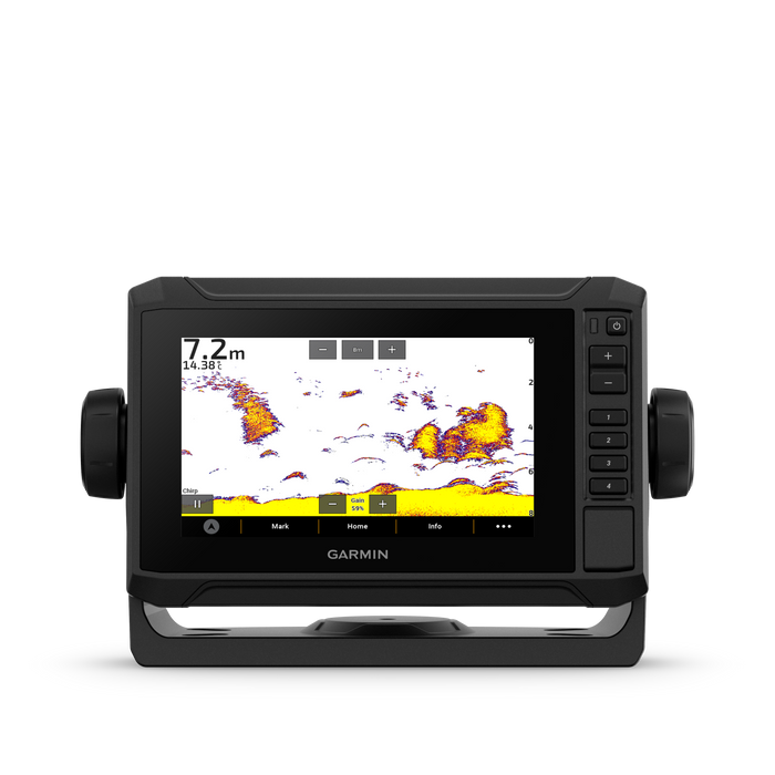 Garmin fishfinder with screen displaying sonar data on a white. ECHOMAP UHD2 65sv background
