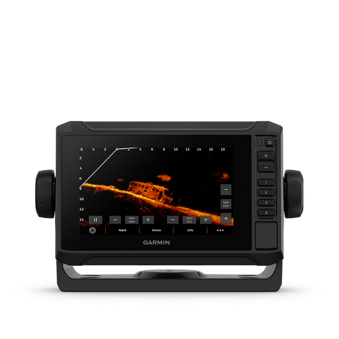 Garmin fishfinder with a black housing, side knobs, and a color screen displaying a sonar image, shown against a plain white background. ECHOMAP™ UHD2 6" sv Chartplotter