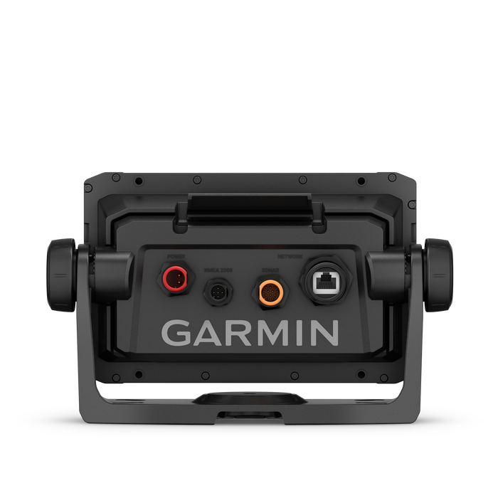 Back view of a Garmin ECHOMAP UHD2 65sv  with ports on a white background