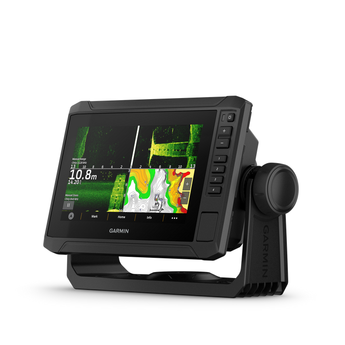Garmin ECHOMAP UHD2 73sv with a black housing, side control buttons, and a mounted base on a clean white background.