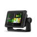 Garmin ECHOMAP UHD2 73sv with a black housing, side control buttons, and a mounted base on a clean white background.