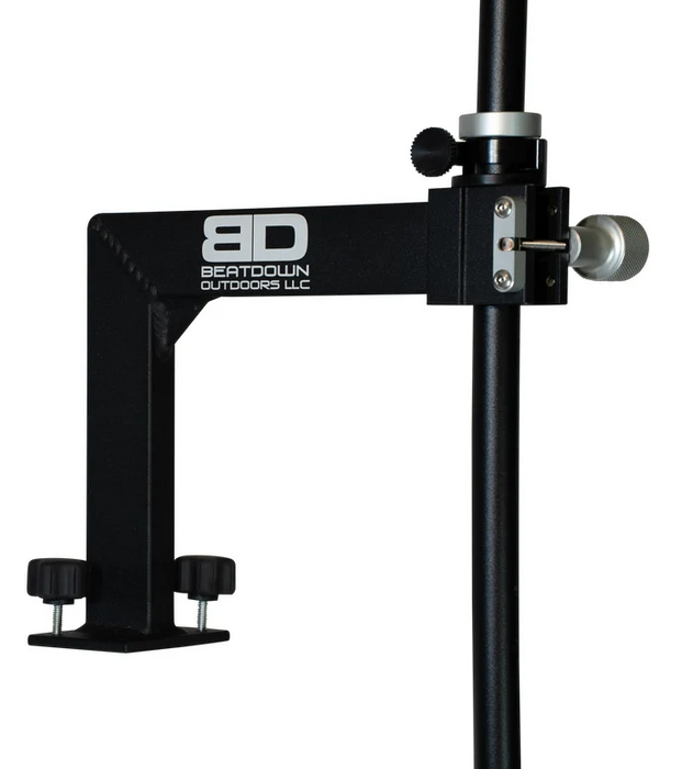 Black metal mounting bracket with silver adjustment knobs and a white 'BD Beatdown Outdoors LLC' logo, attached to a black pole on a white background. Beatdown Fixed All Terrain Transducer Pole 2.0