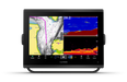 Garmin marine electronic display monitor with a black bezel and stand, showing a nautical chart, sonar depth readout, and fish finder screens on a white background.  GPSMAP 1243