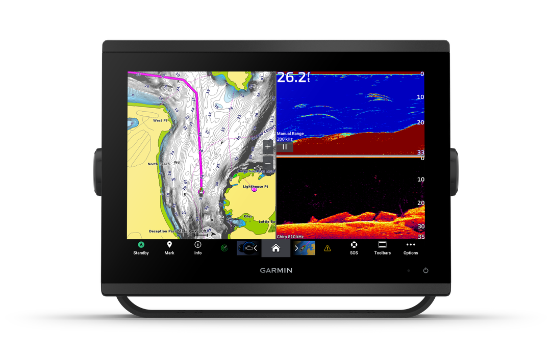 Garmin marine electronic display monitor with a black bezel and stand, showing a nautical chart, sonar depth readout, and fish finder screens on a white background.