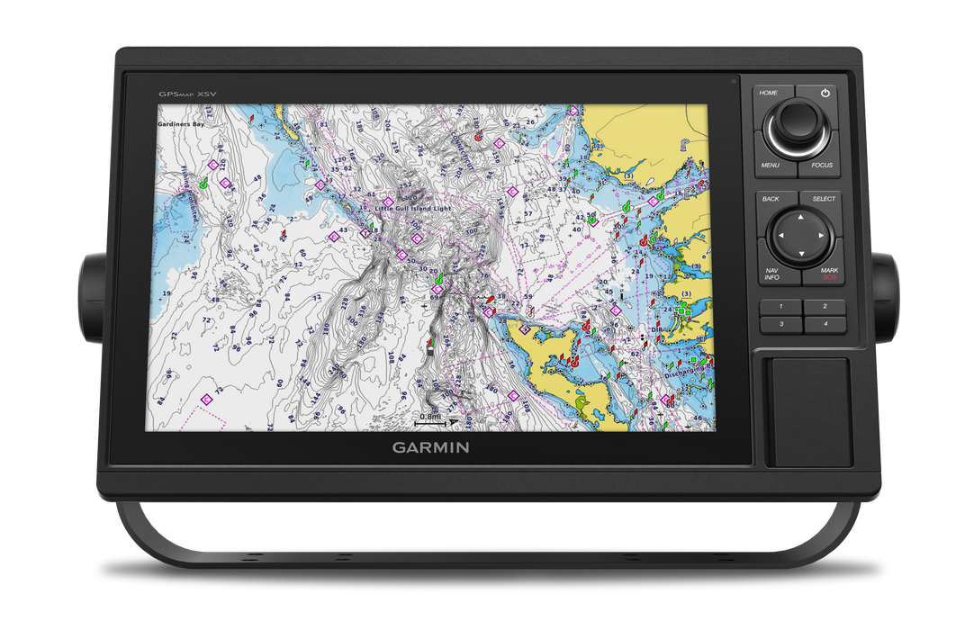 Garmin GPS marine display screen showing a detailed nautical chart, set against a clean white background with a subtle shadow. GPSMAP® 1242xsv