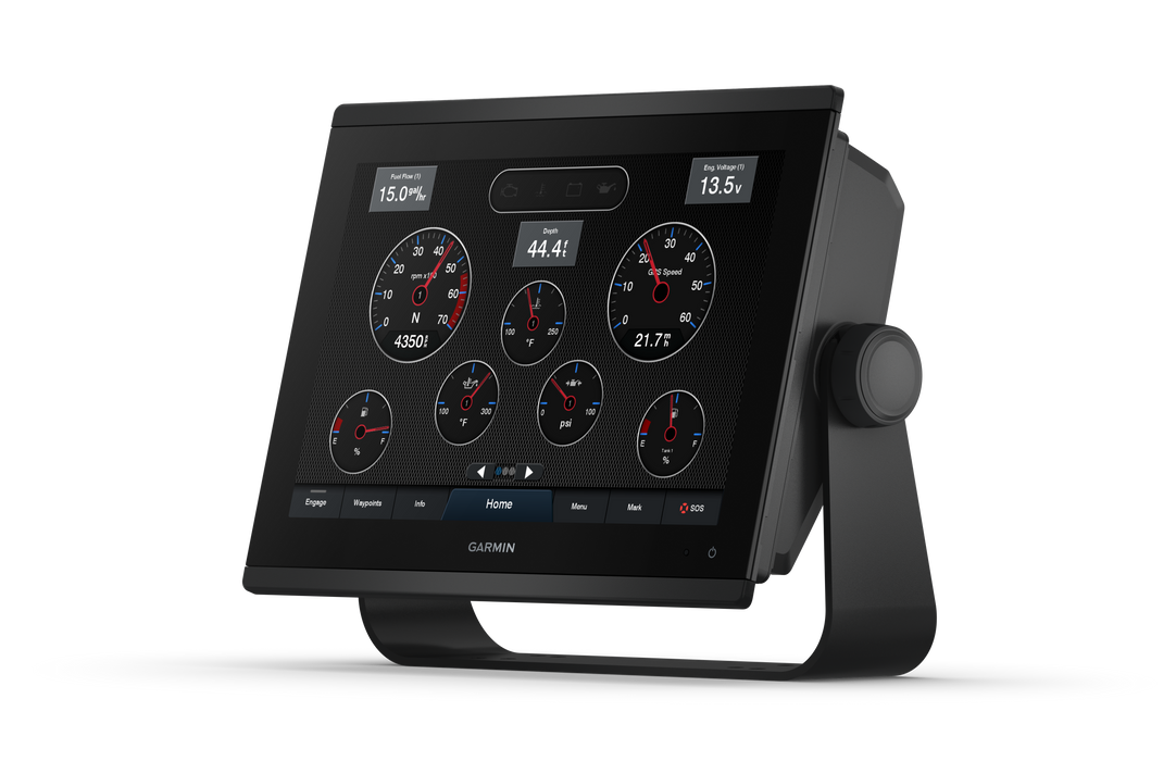 Garmin marine display with digital gauges on a white background. GPSMAP® 1223xsv