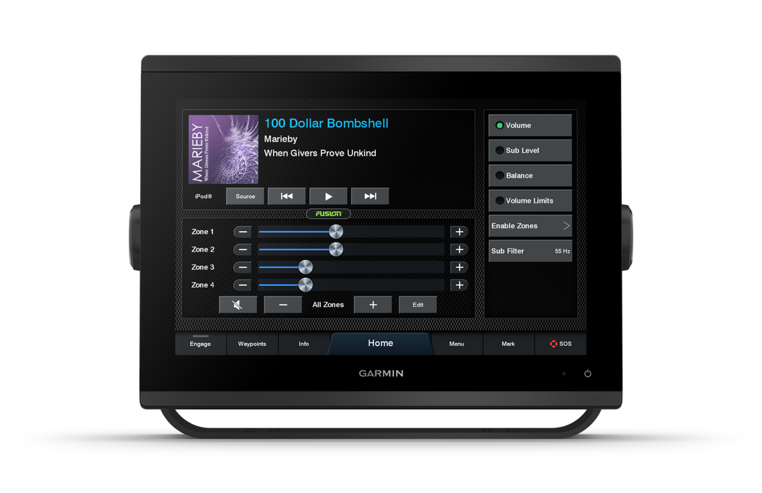 Garmin marine display with music player interface on a white background. GPSMAP® 1223xsv