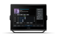 Garmin marine display with music player interface on a white background. GPSMAP® 1223xsv