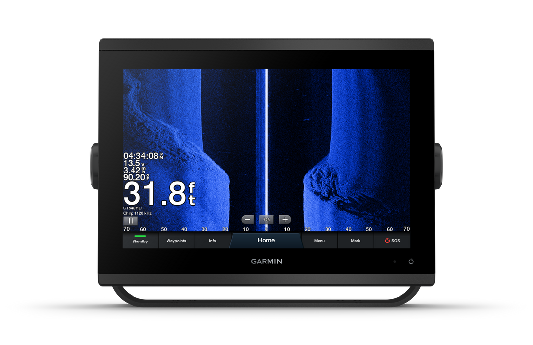 Garmin fishfinder display with sonar imaging on a black background. GPSMAP® 1223xsv