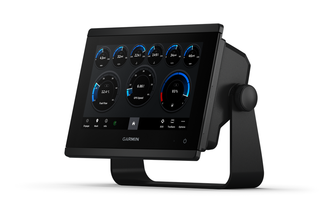Garmin marine electronic display monitor with a black stand, showing a digital dashboard interface on a clean white background. 
GPSMAP® 743xsv