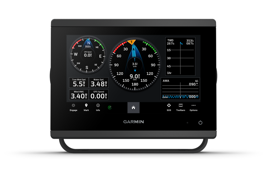 A Garmin GPSMAP® 743xsv electronic device with a large black touchscreen display showing navigation and compass readings, photographed on a clean white background. 