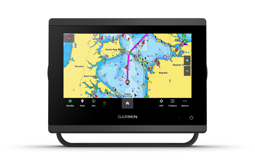 Garmin marine navigation screen display showing a nautical chart with water depths, landmarks, and course lines, set against a clean white background. GPSMAP® 743xsv