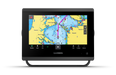 Garmin marine navigation screen display showing a nautical chart with water depths, landmarks, and course lines, set against a clean white background. GPSMAP® 743xsv