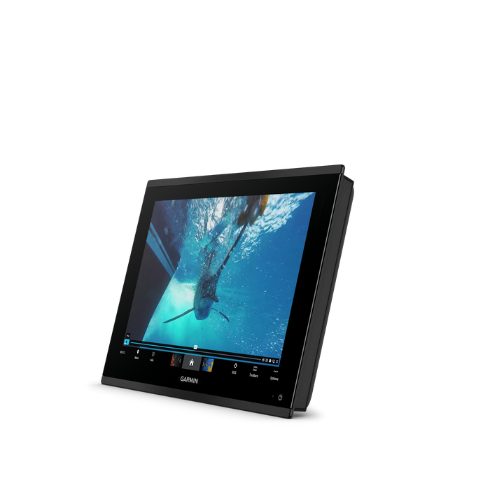 Garmin GPS device with underwater screen display on a white background