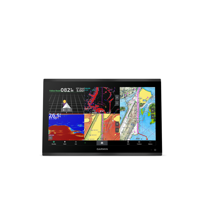 A Garmin GPS navigation screen display device with a black bezel, showing various map and sonar screens on a white background.