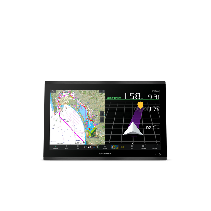 A Garmin GPS navigation screen displaying a follow route map with course lines, distance, and heading information on a black bezel, isolated on a white background.