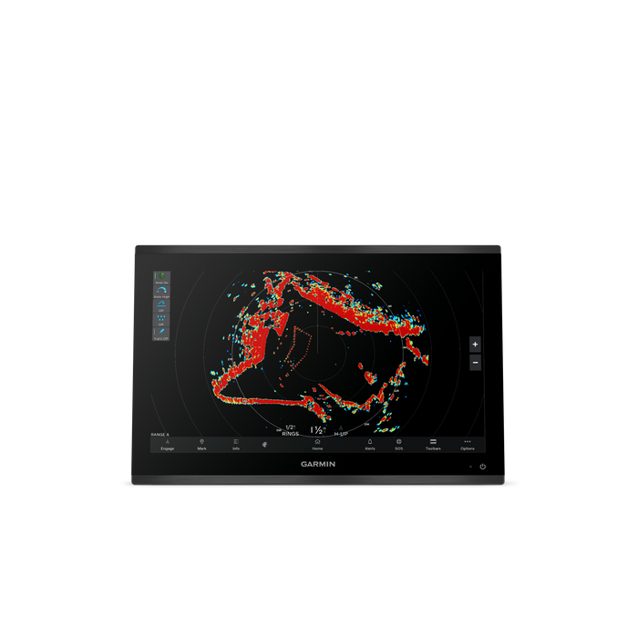 A Garmin marine radar screen displaying a weather radar map with red, orange, and blue precipitation dots on a black background, shown against a plain white studio background.