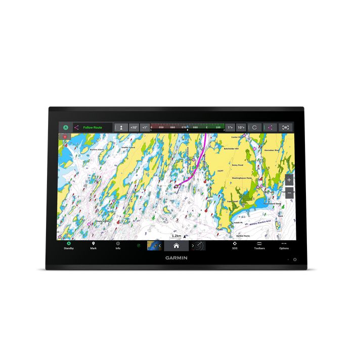 Garmin marine navigation screen displaying a detailed nautical chart, shown on a black bezel against a plain white background.