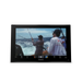 A Garmin touchscreen display monitor with a black bezel, shown on a plain white background. The screen is active, displaying a video of two people fishing on a boat.