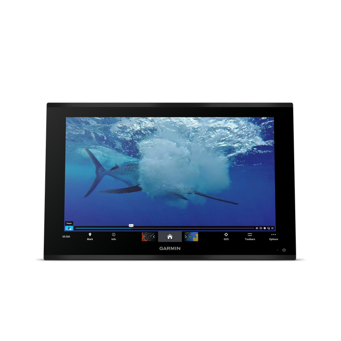 Garmin marine display monitor showing an underwater shark scene on a white background.