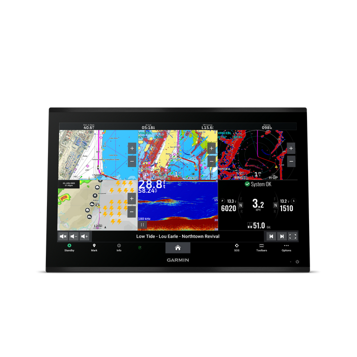Garmin marine navigation display with map and data on a white background