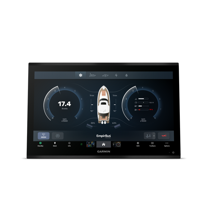 Garmin EmpirBus dual touchscreen display showing a boat navigation and dashboard interface, photographed on a clean white background.